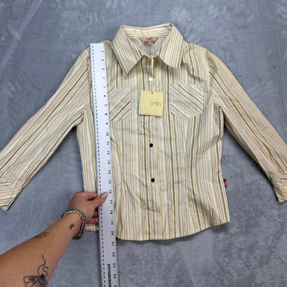 CI-PRES Womens Striped Button Down Shirt Cream Olive Green Size 38 NWT - Picture 2 of 6